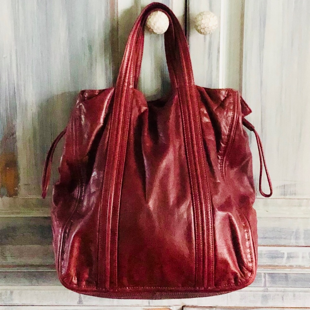 DKNY Burnished Red Leather Drawstring Tote